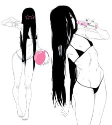 1girl ball barefoot beachball bikini bottle commentary covered_eyes english_commentary ghost_girl greyscale hair_over_eyes highres holding holding_ball holding_beachball holding_bottle long_hair looking_at_viewer monochrome multiple_views navel ramune simple_background spot_color standing swimsuit the_ring thong_bikini virtuware wet white_background wide-eyed yamamura_sadako
