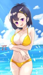 Rule 34 | 1girl, alternate breast size, aoi illust 2077, bare arms, bare legs, bare shoulders, bikini, blush, breasts, cloud, collarbone, day, dot nose, feet out of frame, female focus, gabriel dropout, hair between eyes, highres, large breasts, legs, looking at viewer, medium hair, navel, open mouth, outdoors, purple eyes, purple hair, sky, solo, standing, sunrays, swimsuit, teeth, thighs, torii, vignette tsukinose april, wet, yellow bikini