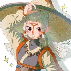 Rule 34 | 1girl, artist collaboration, black bodysuit, blush stickers, bodysuit, bodysuit under clothes, closed mouth, facial mark, forehead mark, forehead tattoo, hair ornament, hair tubes, hat, highres, jacket, jewelry, long hair, long sleeves, looking at viewer, matoma 11, nameko (nanakake2), necklace, ni yo24, nintendo, paya (zelda), pointy ears, rice hat, sheikah, simple background, smile, solo, sparkle background, the legend of zelda, the legend of zelda: tears of the kingdom, upper body, white background, white hair, white jacket