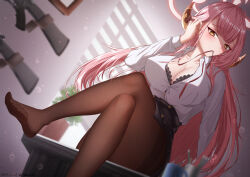 1girl aru_(blue_archive) black_bra blue_archive bra breasts brown_eyes cleavage crossed_legs cup desk feet glasses gun tucking_hair halo highres horns large_breasts long_hair looking_at_viewer m16 m16a4 miniskirt no_bra no_shoes pantyhose pen pink_hair plant school_uniform shirt sitting skirt soles toes translucent underwear weapon white_shirt z_shitei_ero