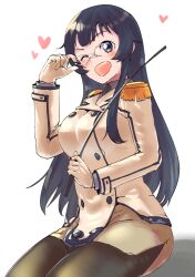 1girl agano_(kancolle) asava_(hutaitenn) black_hair black_pantyhose breasts buttons cosplay double-breasted epaulettes glasses green_eyes heart highres kantai_collection katori_(kancolle) katori_(kancolle)_(cosplay) large_breasts long_hair one_eye_closed pantyhose riding_crop simple_background smile solo white_background