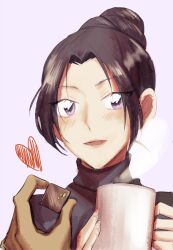 1girl black_hair black_sweater blush chocolate cup czech_gana food hair_bun heart holding holding_chocolate holding_cup holding_food looking_at_viewer meitantei_conan mug parted_lips pink_background portrait pov pov_hands purple_eyes sweater uehara_yui valentine