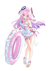 1girl alternate_costume blue_eyes blush braid breasts brown_sandals citlali_(genshin_impact) cleavage collarbone facial_mark floating_headgear food full_body genshin_impact gloria_(gloriao3o) headgear highres holding holding_food holding_popsicle innertube long_hair looking_at_viewer medium_breasts one-piece_swimsuit popsicle purple_hair sandals simple_background solo standing swim_ring swimsuit thigh_strap triangle triangle_facial_mark wet white_background white_one-piece_swimsuit