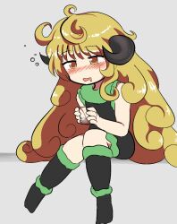 Rule 34 | 1girl, bare shoulders, black horns, black socks, black unitard, blonde hair, blush, commentary, cup, curled horns, curly hair, drinking glass, drooling, drunk, english commentary, full body, grey background, holding, holding cup, horns, kneehighs, long hair, mary (mon-musu quest!), mon-musu quest!, mon-musu quest: paradox, mouth drool, no shoes, open mouth, rylarolls, sheep horns, simple background, sitting, socks, solo, squeans, unitard, very long hair, yellow eyes