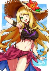 1girl arm_behind_head bikini black_bikini blonde_hair breasts chelle_(dragalia_lost) dragalia_lost flower green_eyes hat hat_flower highres large_breasts long_hair looking_at_viewer navel official_alternate_costume open_mouth rotomdocs sarong smile solo straw_hat sun_hat swimsuit thigh_gap very_long_hair