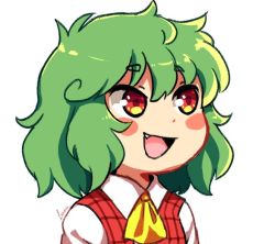1girl ascot chibi fang green_hair hanaarts kazami_yuuka open_mouth red_eyes short_hair signature simple_background smile solo touhou upper_body white_background yellow_ascot
