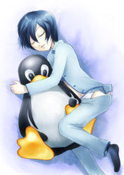 1girl 1other artist_request bird black_hair black_socks blue_background blue_pajamas blue_panties blue_pants blue_shirt blue_theme closed_eyes clothes_lift clothes_pull facing_viewer foot_out_of_frame from_above full_body gradient_background hair_between_eyes hug linux long_sleeves lying midriff_peek multicolored_panties multicolored_underwear navel on_back on_side open_clothes open_mouth open_pajamas open_shirt pajamas panties pants pants_pull panty_peek penguin print_panties print_underwear shirt shirt_lift simple_background sleeping socks source_request striped_clothes striped_panties tux underwear underwear_peek white_panties
