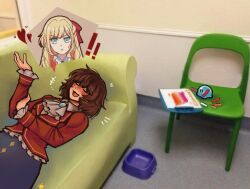 ! !! +++ 1girl blush brown_hair chair claire_francois crayon heart highres lesbian_flag long_sleeves lying on_back open_mouth photo_background rae_taylor ralaire school_uniform short_hair slime_(creature) smile solo speech_bubble t4yl0r712 watashi_no_oshi_wa_akuyaku_reijou yuri