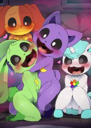 2boys 2girls :d animal_ears blush body_fur catnap_(poppy_playtime) closed_mouth commentary completely_nude dagasi dogday_(poppy_playtime) english_commentary furry furry_female green_fur highres horns loli multiple_boys multiple_girls nude open_mouth orange_fur poppy_playtime purple_fur pussy_juice shota single_horn sitting smile tail tears two-tone_fur white_fur yellow_fur