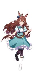 Rule 34 | 1girl, ahoge, animal ears, asymmetrical footwear, bad link, black boots, black thighhighs, boots, bow, braid, brown eyes, brown hair, dress, ear bow, full body, game model, green bow, green dress, highres, horse ears, horse girl, horse tail, leg up, long hair, looking at viewer, mejiro bright (umamusume), mismatched footwear, official art, puffy short sleeves, puffy sleeves, short sleeves, smile, solo, striped bow, tail, thighhighs, transparent background, twin braids, umamusume, wavy hair, white boots, white bow