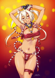 1girl armpits arms_up black_gloves breasts chest_sarashi collar commission fundoshi glasses gloves hair_between_eyes japanese_clothes kantai_collection large_breasts long_hair looking_at_viewer metal_collar musashi_(kancolle) navel pixiv_commission pointy_hair red_eyes sakuramon sameha_ikuya sarashi semi-rimless_eyewear solo twintails under-rim_eyewear underwear underwear_only very_long_hair white_hair