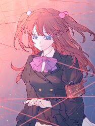 1girl absurdres ameko0617 armband black_jacket blue_eyes bow bowtie buttons closed_mouth collared_shirt colored_eyelashes double-breasted frilled_sleeves frills hair_bobbles hair_ornament hashtag-only_commentary highres jacket lapels long_hair long_sleeves notched_lapels purple_bow purple_bowtie red_armband red_hair shirt solo two_side_up umineko_no_naku_koro_ni upper_body ushiromiya_ange white_shirt