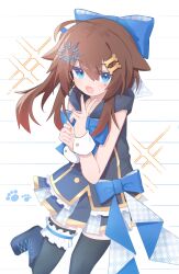1girl :d ahoge alternate_costume animal_ears black_thighhighs blue_bow blue_eyes blue_shoes blue_skirt blush bone_hair_ornament boots bow bowtie brown_hair cartoon_bone commission fang hair_between_eyes hair_bow hair_ornament headset highres hood hood_down hoodie idol long_hair looking_at_viewer microphone miniskirt open_mouth paw_print ro_(vrchat) satoh_vrc shirt shoes side_ponytail skeb_commission skin_fang skirt sleeveless sleeveless_shirt smile snowflake_hair_ornament solo standing standing_on_one_leg star_(symbol) star_hair_ornament thighhighs v vrchat white_background wrist_cuffs zettai_ryouiki