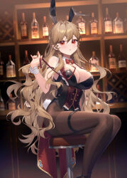 1girl :o alcohol animal_ears bar_(place) bar_stool black_leotard blush bottle bow bowtie breasts brown_pantyhose cleavage commentary detached_sleeves dutch_angle fake_animal_ears feet_out_of_frame hand_up highres holding holding_leash large_breasts leash leotard long_hair looking_at_viewer nail_polish original pantyhose playboy_bunny rabbit_ears red_bow red_bowtie red_eyes red_nails sitting star_(symbol) stool thigh_strap very_long_hair wavy_hair wenz white_wrist_cuffs wrist_cuffs