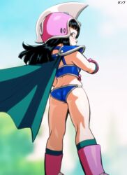 1girl absurdres armor ass bikini bikini_armor black_hair blue_bikini boots brown_eyes butt_crack cape chi-chi_(dragon_ball) dragon_ball dragon_ball_(classic) from_behind gloves green_cape helmet highres kneepits loli long_hair looking_back outdoors pink_boots pink_gloves pink_helmet ponpu_(pumpkinsinclair) shoulder_armor solo standing swimsuit thighs