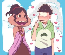 1boy 1girl alternate_hairstyle amaizake bindi blush brown_dress brown_hair curly_hair dark-skinned_female dark_skin dayoon_girl dress heart hetero highres hood hoodie jewelry matsu_symbol matsuno_choromatsu necklace open_mouth osomatsu-san osomatsu_(series) ponytail raglan_sleeves short_sleeves sleeveless sleeveless_dress smile