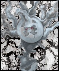 :&lt; animal_focus bags_under_eyes black_border border closed_mouth creatures_(company) cursola game_freak gen_8_pokemon grey_background grey_theme highres horizontal_pupils nintendo no_humans outside_border pokemon pokemon_(creature) red_eyes rey_(pixiv_95560830) solo