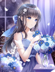 1girl absurdres bare_shoulders black_hair blue_bow blue_dress blue_eyes blue_flower blue_petals blue_rose blunt_bangs blurry blush bow breasts caron cleavage closed_mouth collarbone commentary curtains daisy_(flower) depth_of_field detached_sleeves dress earrings english_commentary falling_petals flower glint hair_bow hair_flower hair_ornament hair_over_shoulder hand_up highres holding holding_flower indoors jewelry light_particles long_hair looking_ahead night original petals rose see-through_clothes see-through_sleeves short_sleeves sidelocks small_breasts solo spaghetti_strap sparkle table upper_body vase white_flower window