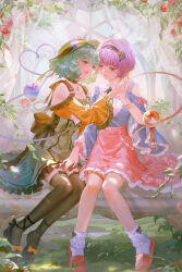 2girls :d artist_request bad_source bare_shoulders black_bow black_choker black_hairband black_hat black_shoes black_thighhighs blue_skirt bow bracelet choker clothing_cutout dress floral_print flower footwear_bow full_body green_dress green_eyes green_hair hairband hand_on_another&#039;s_thigh hat heart heart_of_string highres jewelry koi komeiji_koishi komeiji_satori long_sleeves looking_at_another multiple_girls open_mouth pink_eyes pink_hair pink_skirt pink_slippers red_flower red_rose rose rose_print shoes short_hair shoulder_cutout siblings sisters sitting skirt slippers smile socks thighhighs third_eye touhou white_socks wide_sleeves yellow_bow