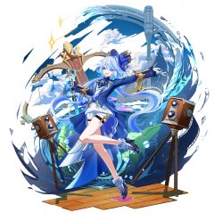 Rule 34 | 1girl, absurdres, ascot, asymmetrical gloves, black gloves, blue ascot, blue eyes, blue hair, blue hat, blue jacket, blue shoes, camera, cloud, commentary, full body, furina (genshin impact), genshin impact, gloves, hat, high heels, highres, jacket, long hair, shoes, shorts, solo, sparkle, thighs, waves, white gloves, white jacket, white shorts, wooden floor, zagwei