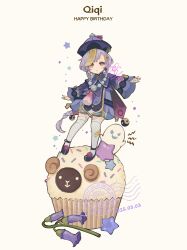 1girl :o absurdres bead_necklace beads black_shoes braid coin_hair_ornament commentary cupcake dated english_text food full_body genshin_impact ghost hair_ornament hat highres jewelry long_hair looking_at_viewer mini_person misoshiru_umai4 necklace ofuda on_food outstretched_arms pink_eyes purple_hair purple_hat purple_shirt qingdai_guanmao qiqi_(genshin_impact) shirt shoes simple_background solo spread_arms symbol-only_commentary tassel thighhighs violetgrass watermark white_background white_thighhighs