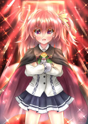 1girl absurdres black_cape blazer bow bowtie cape collared_shirt cowboy_shot crossed_arms diagonal-striped_bow diagonal-striped_bowtie diagonal-striped_clothes dress_shirt fang hair_between_eyes hair_ribbon highres hyakumensou_ms_rs4-x jacket long_sleeves medium_hair miniskirt one_side_up ongeki ousaka_akane pleated_skirt red_cape red_eyes red_hair ribbon school_uniform shirt skirt solo striped_clothes two-sided_cape two-sided_fabric white_jacket white_shirt yellow_ribbon