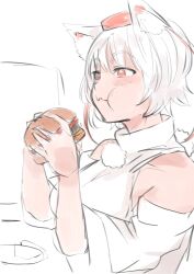 1girl animal_ear_fluff animal_ears breasts burger commentary_request detached_sleeves eating food food_in_mouth from_side hat highres holding holding_burger holding_food inubashiri_momiji large_breasts light_blush plate pom_pom_(clothes) puffy_cheeks red_eyes red_hat shirt short_hair simple_background sleeves_rolled_up solo table tokin_hat touhou upper_body white_background white_hair white_shirt wide_sleeves wolf_ears wolf_girl yoyoiro_(sysi20)