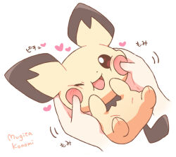 blush brown_eyes creatures_(company) game_freak gen_2_pokemon hand_on_another&#039;s_cheek hand_on_another&#039;s_face happy heart mugita_konomi nintendo open_mouth petting pichu pokemon pokemon_(creature) signature simple_background smile tail white_background