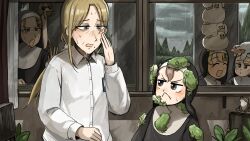 5girls :&lt; :d :o animal animal_on_head bird blonde_hair blue_eyes brown_eyes brown_hair cat cat_on_head chicken clumsy_nun_(diva) commentary diva_(hyxpk) duck english_commentary frog froggy_nun_(diva) highres little_nuns_(diva) long_hair mole mole_on_cheek multiple_girls nun on_head open_mouth ostrich rain shirt smile spicy_nun_(diva) strict_nun&#039;s_mother_(diva) strict_nun_(diva) traditional_nun white_shirt