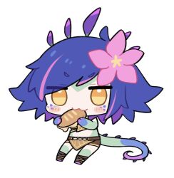 1girl bread chibi dokumi eating food hair_ornament highres league_of_legends lizard_tail neeko_(league_of_legends) reptile_girl tail