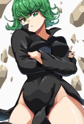 1girl bare_legs black_skirt collared_shirt green_eyes green_hair highres looking_at_viewer onabe915 one-punch_man rock shirt short_hair simple_background skirt tatsumaki tight_clothes