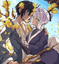 Rule 34 | 1boy, 1girl, black gloves, black hair, black ribbon, black sweater, blade lineage (identity) (project moon), blue background, blue eyes, blue sky, branch, breasts, coat, commentary, e.g.o (project moon), faust (project moon), flower, gloves, grey coat, hair bun, hanbok, hetero, japanese clothes, kimono, korean clothes, limbus company, long sleeves, looking at viewer, medu (rubish), plant wings, project moon, purple kimono, ribbon, short hair, simple background, sky, spicebush (e.g.o), sweater, technology liberation alliance (identity) (project moon), upper body, white hair, white hanbok, wings, yellow eyes, yellow flower, yi sang (project moon)