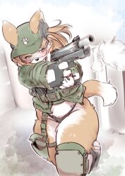1girl airsoft_corgi_(yazawa_owl) animal_ear_fluff animal_ears breasts brown_hair dog dog_ears dog_girl dog_tail fingerless_gloves furry furry_female glasses gloves gun handgun highres large_breasts original tactical_clothes tail thong weapon wide_hips yazawa_owl