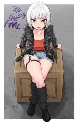 1girl bob_cut crate crossed_legs highres jacket leather leather_jacket leg_belt looking_at_viewer mashin_sentai_kiramager short_hair short_shorts shorts sitting solo super_sentai tsubasa_(godbardtsubasa) white_hair yodonna