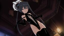 1girl absurdres black_gloves black_hair black_leotard black_thighhighs blue_archive blurry blurry_background bondage_outfit breasts closed_mouth cowboy_shot crotch_zipper dominatrix double_bun dutch_angle elbow_gloves gloves grey_eyes grey_halo hair_bun halo highleg highleg_leotard highres holding holding_whip indoors katsuten kisaki_(blue_archive) latex latex_gloves latex_leotard latex_thighhighs leotard long_hair looking_at_viewer small_breasts solo thighhighs twintails very_long_hair