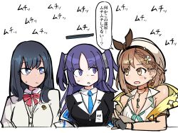 3girls atelier_(series) atelier_ryza beret black_gloves black_hair blue_eyes blue_necktie blush braid brown_eyes brown_hair earrings fingerless_gloves gloves gridman_universe hat highres jacket jewelry long_hair multiple_girls nakineiriko_(dafdafson) necklace necktie purple_eyes purple_hair reisalin_stout school_uniform short_hair ssss.gridman sweatdrop takarada_rikka trait_connection translation_request two_side_up yuuka_(blue_archive)