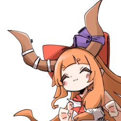 1girl :3 blush bow closed_eyes hair_bow highres horn_ornament horns ibuki_suika long_hair low-tied_long_hair oni orange_hair purple_ribbon red_bow red_ribbon ribbon shiki_karin shirt shorts simple_background solo touhou upper_body white_background white_shorts