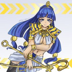 1girl alternate_costume ancient_egyptian_clothes arm_under_breasts arrow_(symbol) black_thighhighs blue_eyes blue_hair breasts cleavage cleavage_cutout clothing_cutout commentary cowboy_shot dreizakuro facial_mark gold hair_bobbles hair_ornament highres holding holding_scepter jewelry light_smile looking_at_viewer michigami_nareko midriff navel revealing_clothes scepter simple_background solo thighhighs touhou triangle triangle_facial_mark twitter_username white_background