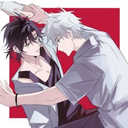 2boys arm_up black_eyes black_hair black_pants black_shirt black_tank_top blue_eyes border bracelet cheng_xiaoshi closed_mouth collarbone collared_shirt hair_between_eyes highres holding holding_another&#039;s_wrist holding_photo jacket jewelry long_sleeves looking_at_another lu_guang male_focus multiple_boys open_clothes open_shirt outside_border pants parted_lips pectoral_cleavage pectorals photo_(object) ponytail profile red_background shannontay67979 shiguang_dailiren shirt short_hair short_ponytail short_sleeves simple_background sitting smile spiked_hair tank_top white_background white_border white_hair white_shirt yaoi