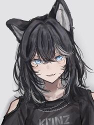1girl absurdres animal_ears bare_shoulders black_hair black_shirt black_shorts blue_eyes close-up clothing_cutout collarbone crop_top cropped_shirt crossed_bangs dog_ears dog_girl fang hair_between_eyes highres kmnz looking_at_viewer lower_teeth_only medium_hair multicolored_hair nero_(kmnz) no_name_ver1 open_mouth shirt shorts shoulder_cutout simple_background solo streaked_hair teeth virtual_youtuber white_background white_streaks
