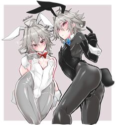 1boy alternate_costume androgynous animal_ears antenna_hair blue_bow blue_bowtie bow bowtie bulge covered_navel dress_shirt fake_animal_ears fate/apocrypha fate_(series) grey_hair grey_pantyhose hair_between_eyes haoro leotard male_focus male_playboy_bunny multiple_views pantyhose rabbit_ears rabbit_tail red_bow red_bowtie red_eyes shirt short_hair sieg_(fate) signature tail white_shirt