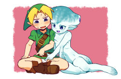 1boy 1girl barefoot blonde_hair blush boots breast_press embarrassed fish_girl hat indian_style link monster_girl nervous nintendo om_(nk2007) pointy_ears princess_ruto shota sitting smile sweat the_legend_of_zelda the_legend_of_zelda:_ocarina_of_time third-party_edit webbed_feet young_link zora