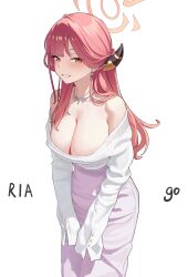 1girl absurdres aru_(blue_archive) blue_archive blush breasts brown_horns commentary demon_horns halo highres horns large_breasts liago long_hair long_sleeves looking_at_viewer pink_hair pink_skirt red_eyes shirt simple_background skirt sleeves_past_wrists smile solo white_background white_shirt yellow_eyes