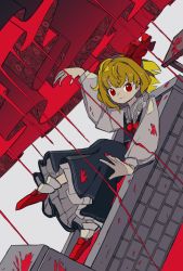 1girl absurdres arm_up ascot bath bath_of_blood bathing bathtub black_skirt black_vest blonde_hair blood blood_on_clothes blood_on_hands brick closed_mouth clothed_bath commentary_request curtains dilated_pupils dutch_angle flesh frilled_shirt_collar frills hair_ribbon highres leg_up long_sleeves looking_at_viewer medium_hair neruzou red_ascot curtains red_eyes red_ribbon red_shoes ribbon rumia shirt shoes short_hair skirt skirt_set socks solo stone table touhou underskirt vest white_background white_shirt white_socks