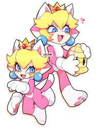1girl :3 animal_costume animal_ears animal_hands bell blonde_hair blue_eyes blush cat_costume cat_ears cat_peach cat_tail crown earrings fangs gloves holding jewelry long_hair looking_at_viewer looking_down mario_(series) multiple_views nintendo open_mouth paw_gloves princess princess_peach slit_pupils smile sparkle sprayjea super_bell super_mario_3d_world super_mario_bros._1 tail walking white_background white_gloves
