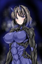 1girl abs absurdres arms_at_sides black_bodysuit blue_hair bodysuit breasts brown_hair gradient_hair headgear highres horns impossible_bodysuit impossible_clothes large_breasts light_smile looking_at_viewer multicolored_hair muscular muscular_female navel nipples original purple_bodysuit purple_eyes schopdehollyhotter short_hair solo standing two-tone_bodysuit two-tone_hair variant_set