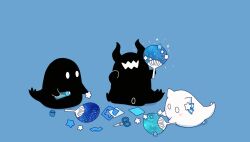 blue_background bottle ghost hand_fan highres holding horns hoshikui no_humans original paper_fan ramune scissors shoutarou_(shoutarotttt) simple_background sitting sparkle star_(symbol) summer uchiwa white_eyes