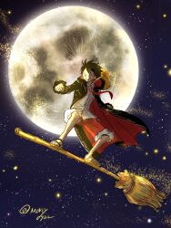 1boy black_hair broom broom_surfing closed_mouth commentary_request full_body hat highres long_coat male_focus monkey_d._luffy moon moriy0722 necktie night night_sky one_piece red_necktie red_shorts sandals shirt short_hair shorts sky smile solo straw_hat twitter_username white_shirt