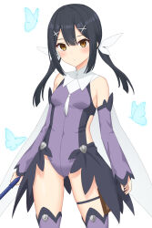 1girl absurdres bare_shoulders black_hair breasts brown_eyes bug butterfly cape card_holster commentary_request cowboy_shot detached_sleeves expressionless fate/kaleid_liner_prisma_illya fate_(series) gluteal_fold hair_ornament hairclip highres insect leotard long_hair looking_at_viewer magical_girl miyu_edelfelt miyu_edelfelt_(magical_girl) partial_commentary purple_leotard purple_sleeves purple_thighhighs sidelocks simple_background small_breasts solo thighhighs twintails user_efkf4848 white_background white_cape x_hair_ornament