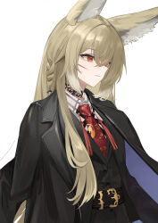 Rule 34 | 1girl, absurdres, animal ears, arknights, belt, belt buckle, black belt, black coat, black jacket, blonde hair, braid, buckle, buttons, closed mouth, coat, coat on shoulders, collared shirt, commentary, facial scar, hair between eyes, highres, jacket, lapels, light smile, long hair, looking ahead, necktie, orange eyes, red necktie, remapack77, scar, scar on cheek, scar on face, shirt, simple background, solo, tassel, vulpisfoglia (arknights), white background, white shirt